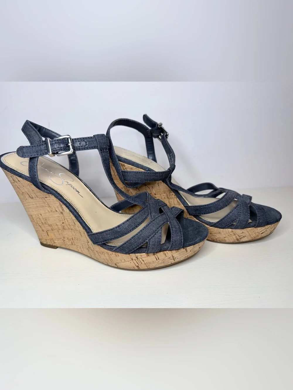Jessica Simpson Denim Strappy Cork Wedge Navy Sandals Size 7.5